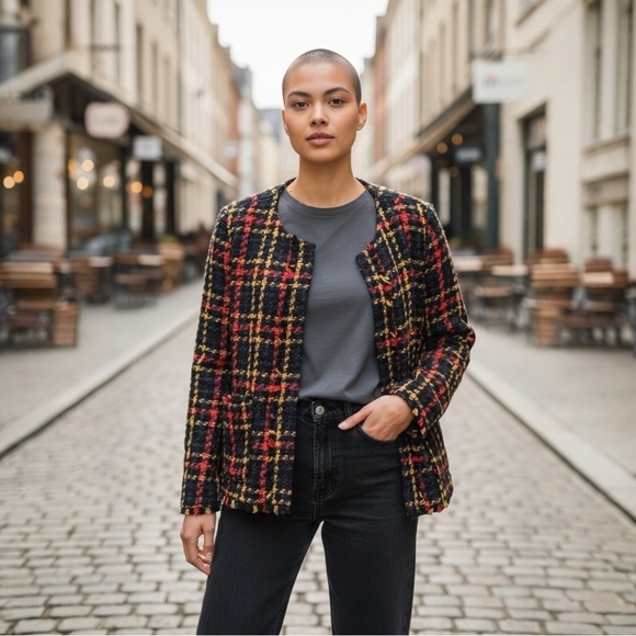 a new day Jackets & Blazers - A New Day Tweed Sunflower Plaid Blazer Jacket Open Front Sz Small NWT